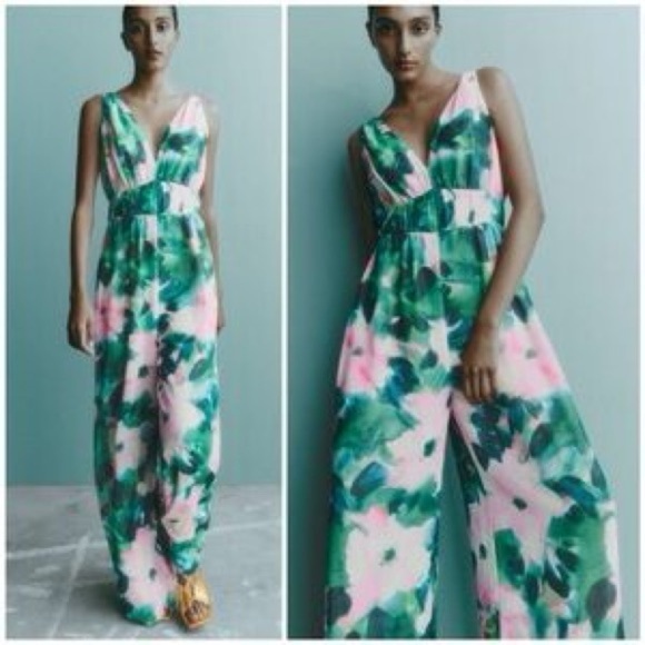 Zara Green & Pink Watercolor Floral Print Wide Leg Jumpsuit Size XS - Picture 1 of 9